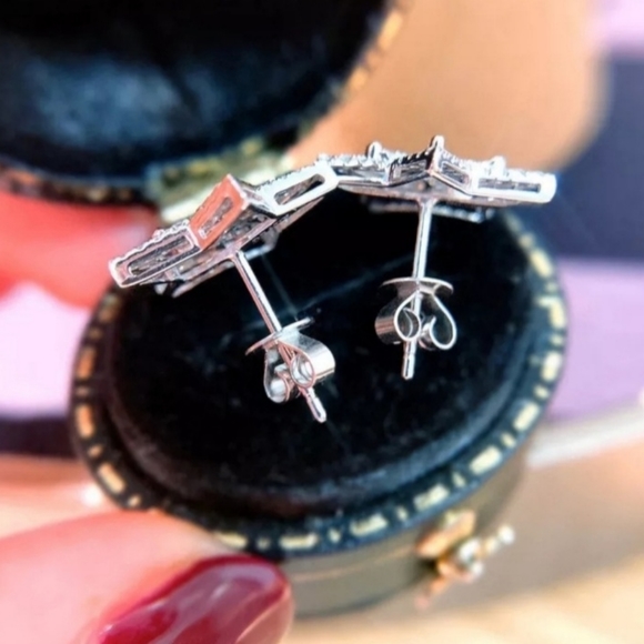 Diamond Star Burst Silver Stud Earrings - Picture 10 of 12
